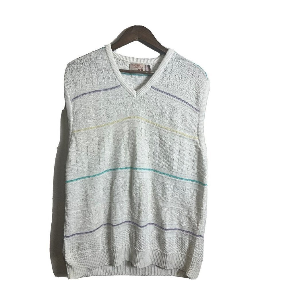 VINTAGE the fox collection sweater vest size large 100% cotton rainbow stripes
